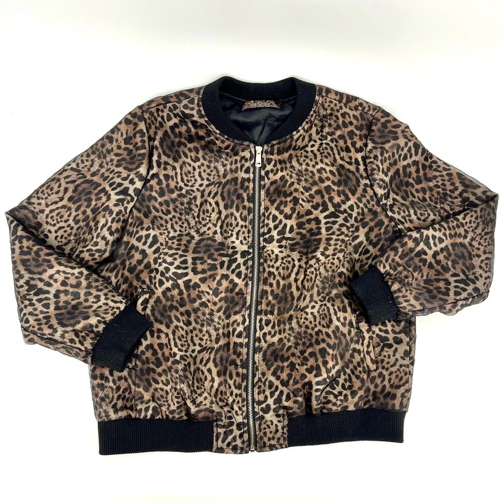 QED London Black‎ Tan Gauze Leopard Zip Bomber Jacket Womens US 10